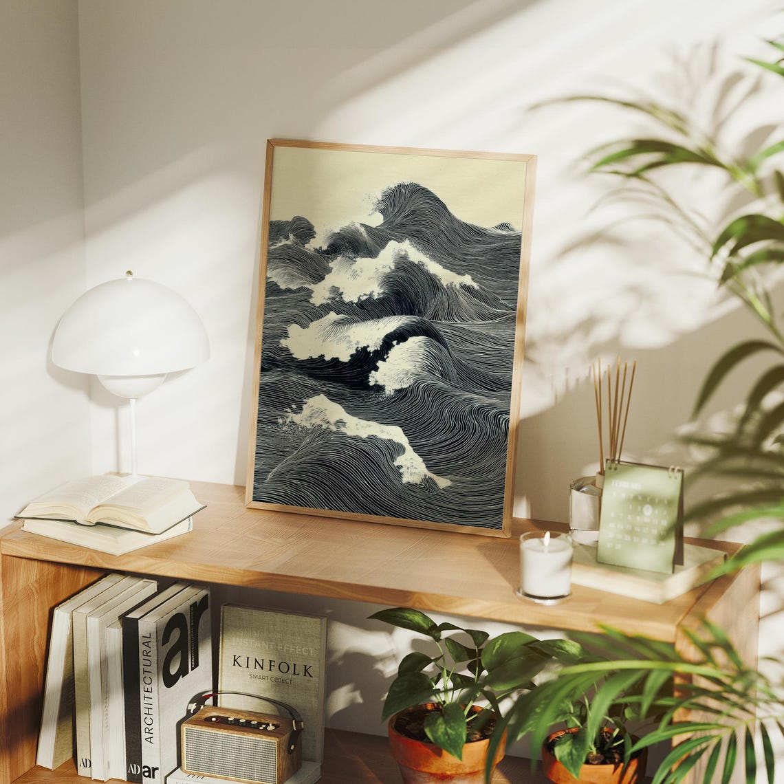 Monochrome Ink Ocean Waves Japanese Style Line Drawing Art Poster