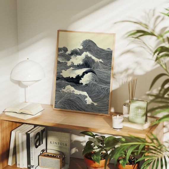 Monochrome Ink Ocean Waves Japanese Style Line Drawing Art Poster