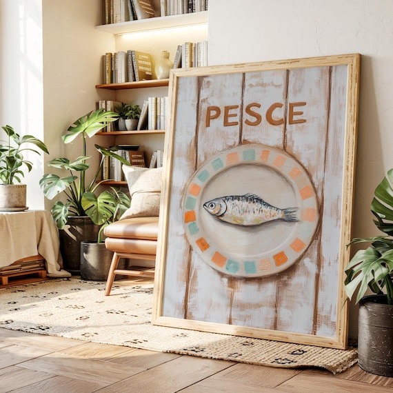 Pesce Kitchen Wall Art Rustic Fish On Plate Canvas Print Italian Coastal Food Decor For Dining Room Or Cafe