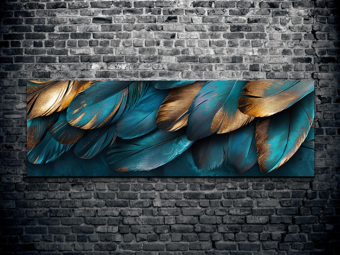 Teal And Gold Feather Close Up Luxury Panoramic Nature Art Poster - Image 2