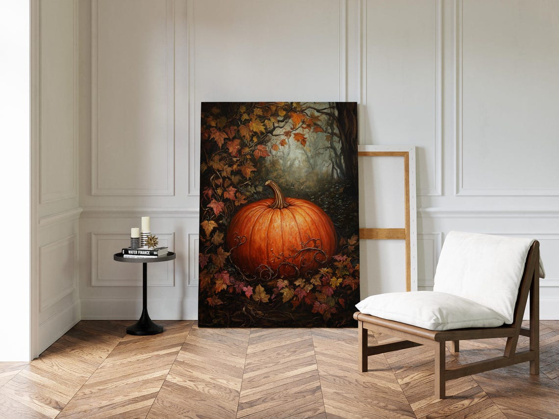 Orange Pumpkin In Dark Autumn Forest Fall Foliage Rustic Wall Art - Image 3