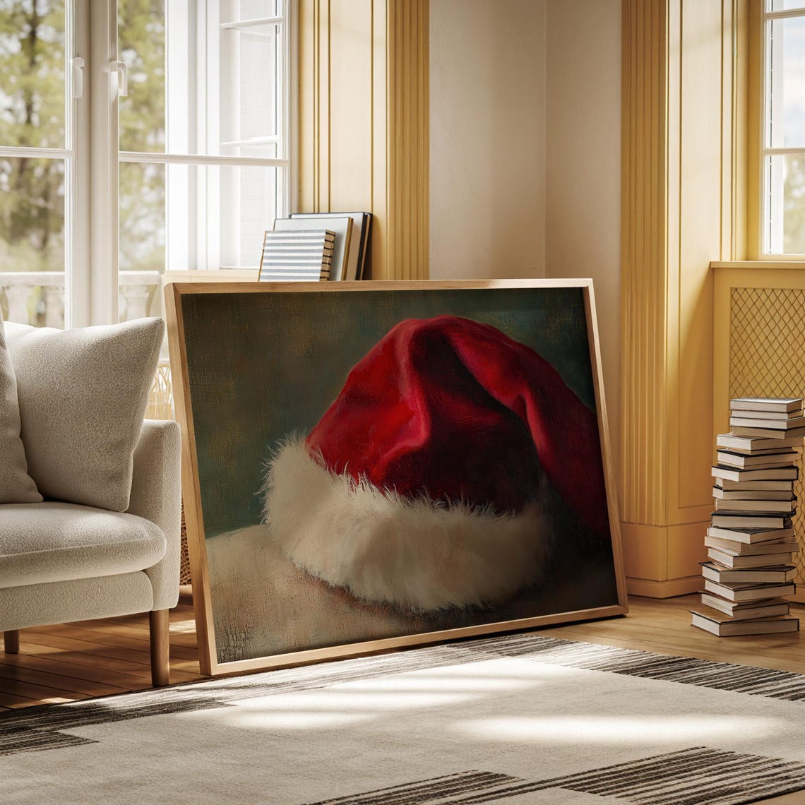 Classic Red Santa Hat With White Fur Trim Vintage Oil Painting Poster - Image 3