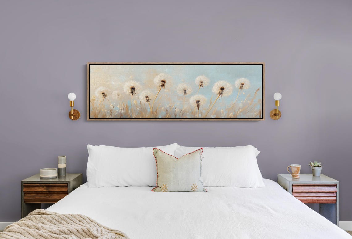 White Dandelion Field Soft Neutral Panoramic Floral Wall Poster - Image 2