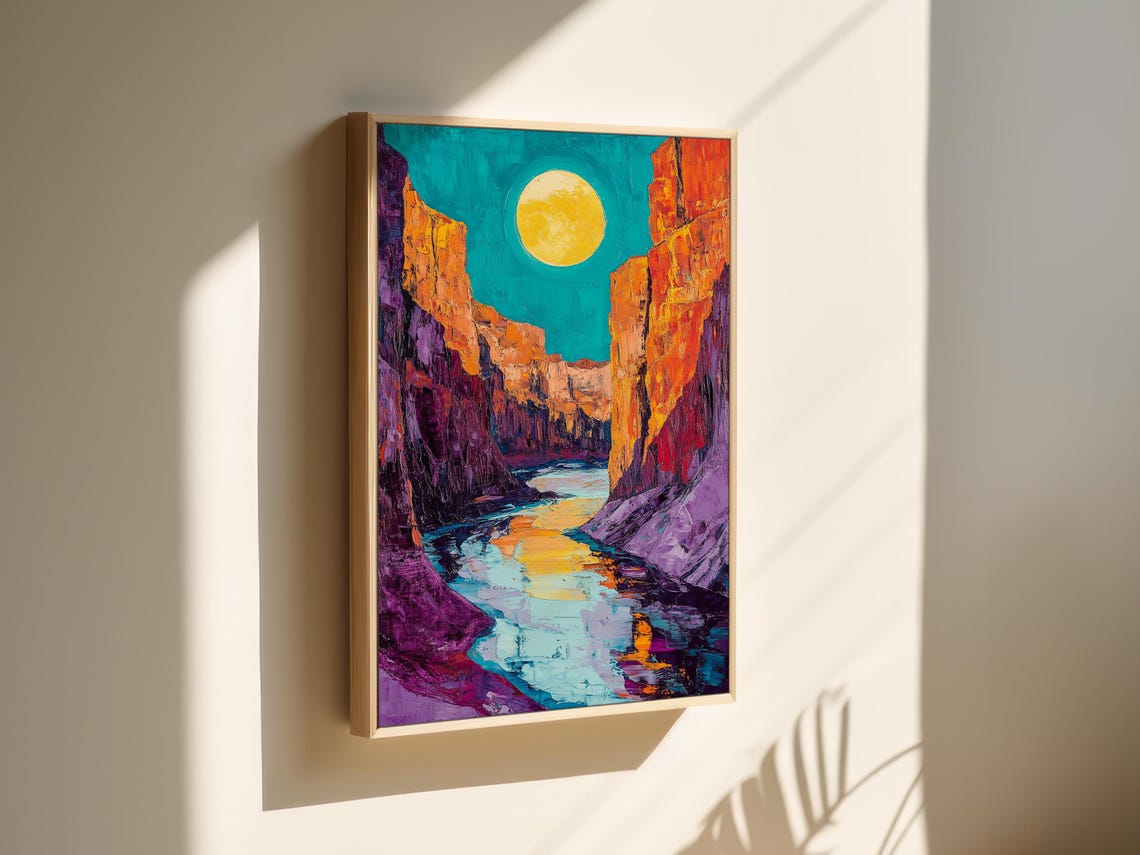 Moonlit Desert Canyon River With Orange Cliffs Under Teal Sky Poster - Image 2