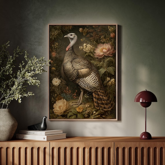 Wild Turkey Among Autumn Blooms Vintage Botanical Style Wall Poster