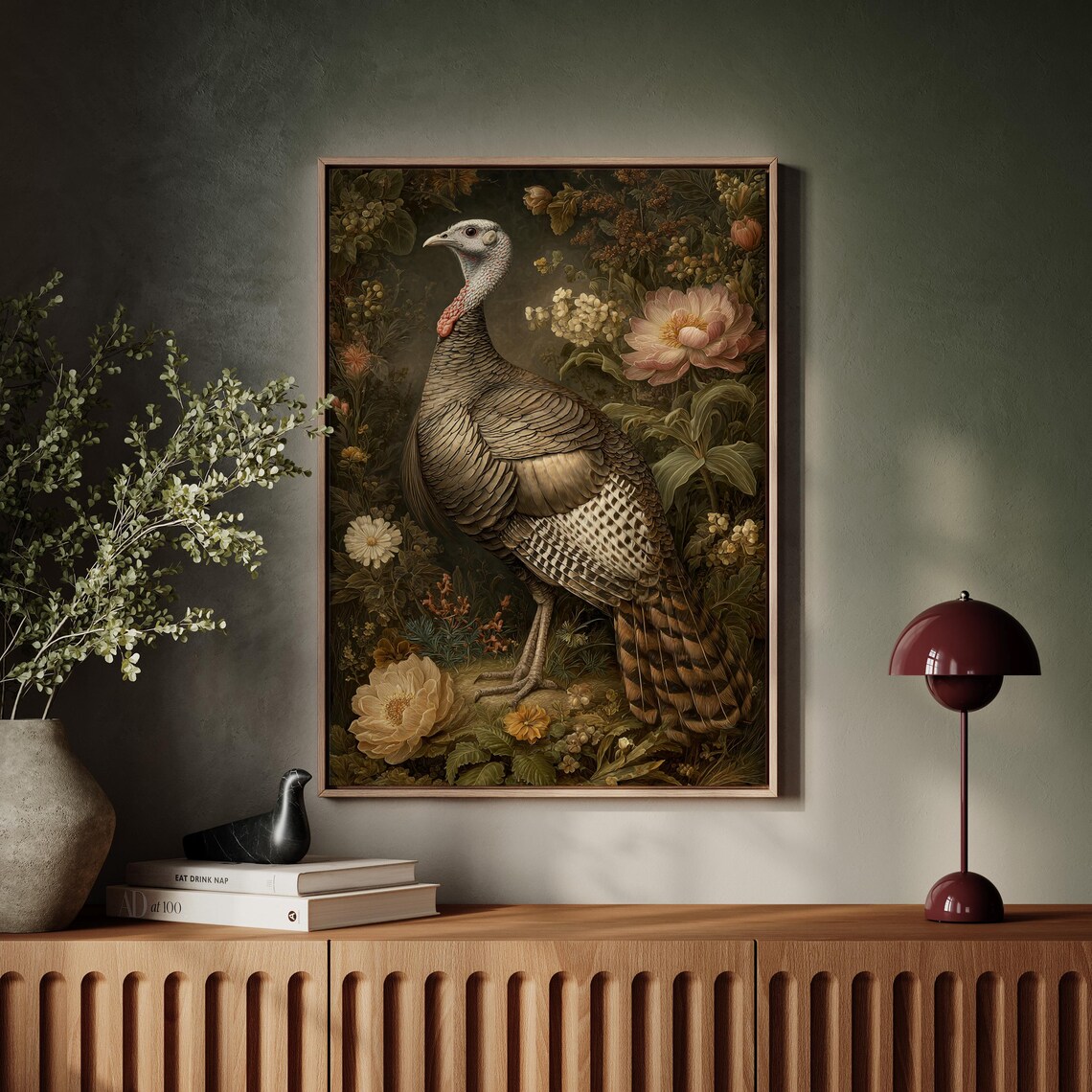 Wild Turkey Among Autumn Blooms Vintage Botanical Style Wall Poster