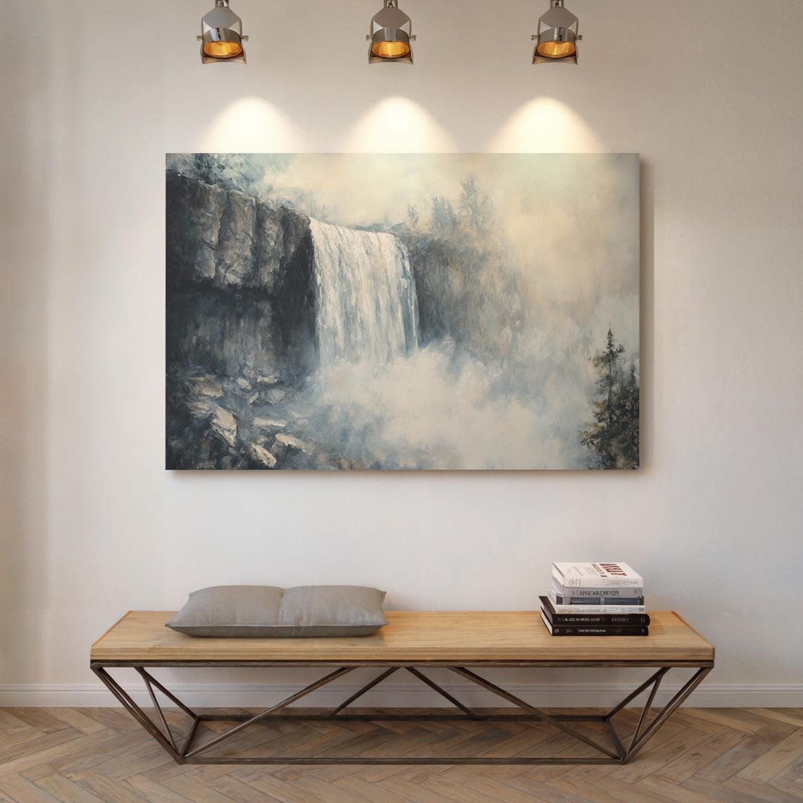 Ethereal Waterfall Misty Landscape Painting Tranquil Nature Wall Art Foggy Forest Print Serene Cascading Waterfall - Image 5