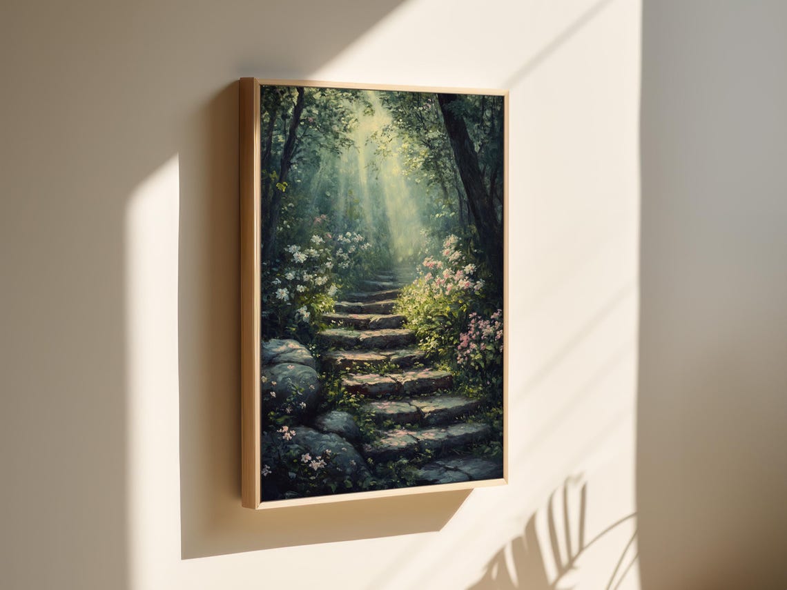 Enchanted Forest Path Wall Art Serene Stone Steps With Blossoms And Sunlight Print For Nature Inspired Home Decor - Image 4