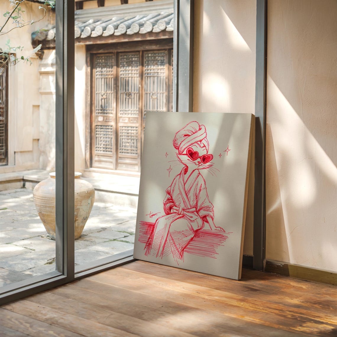 Red Line Sketch of a Cat in a Bathrobe With Heart Sunglasses Poster
