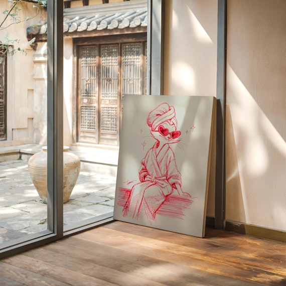 Red Line Sketch of a Cat in a Bathrobe With Heart Sunglasses Poster