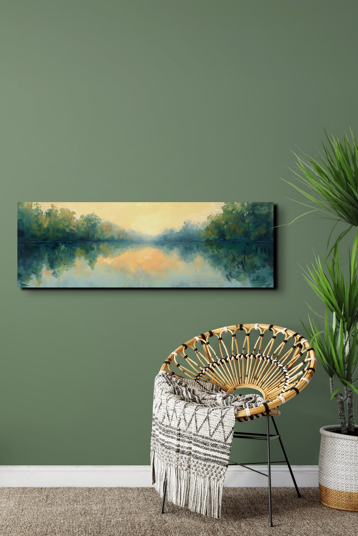 Serene Sunrise Over Still Lake Soft Green Gold Impressionist Poster - Image 7