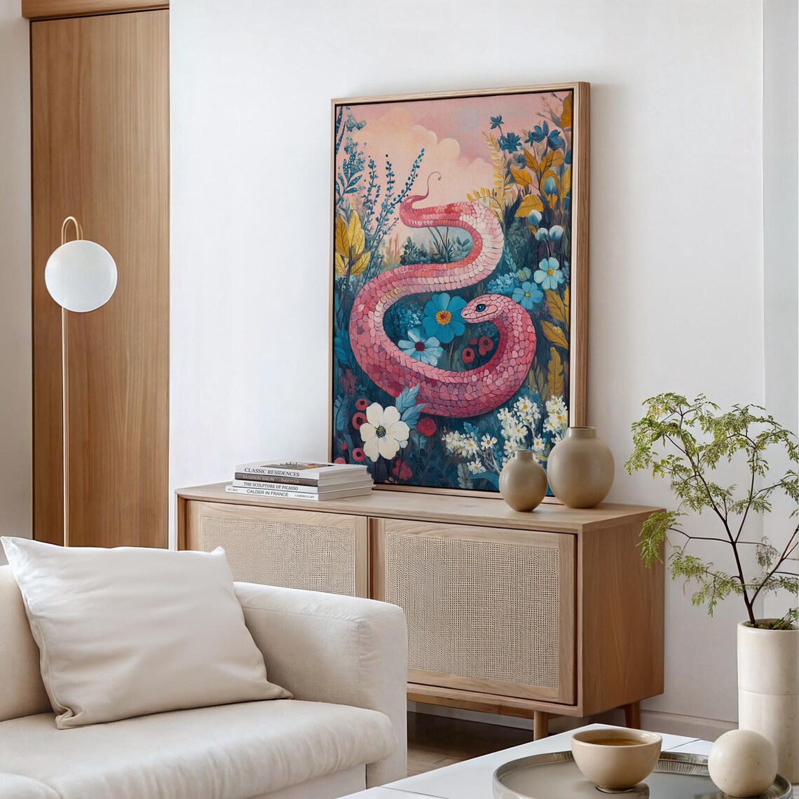 Pink Snake In Blooming Floral Garden Whimsical Botanical Poster - Image 5