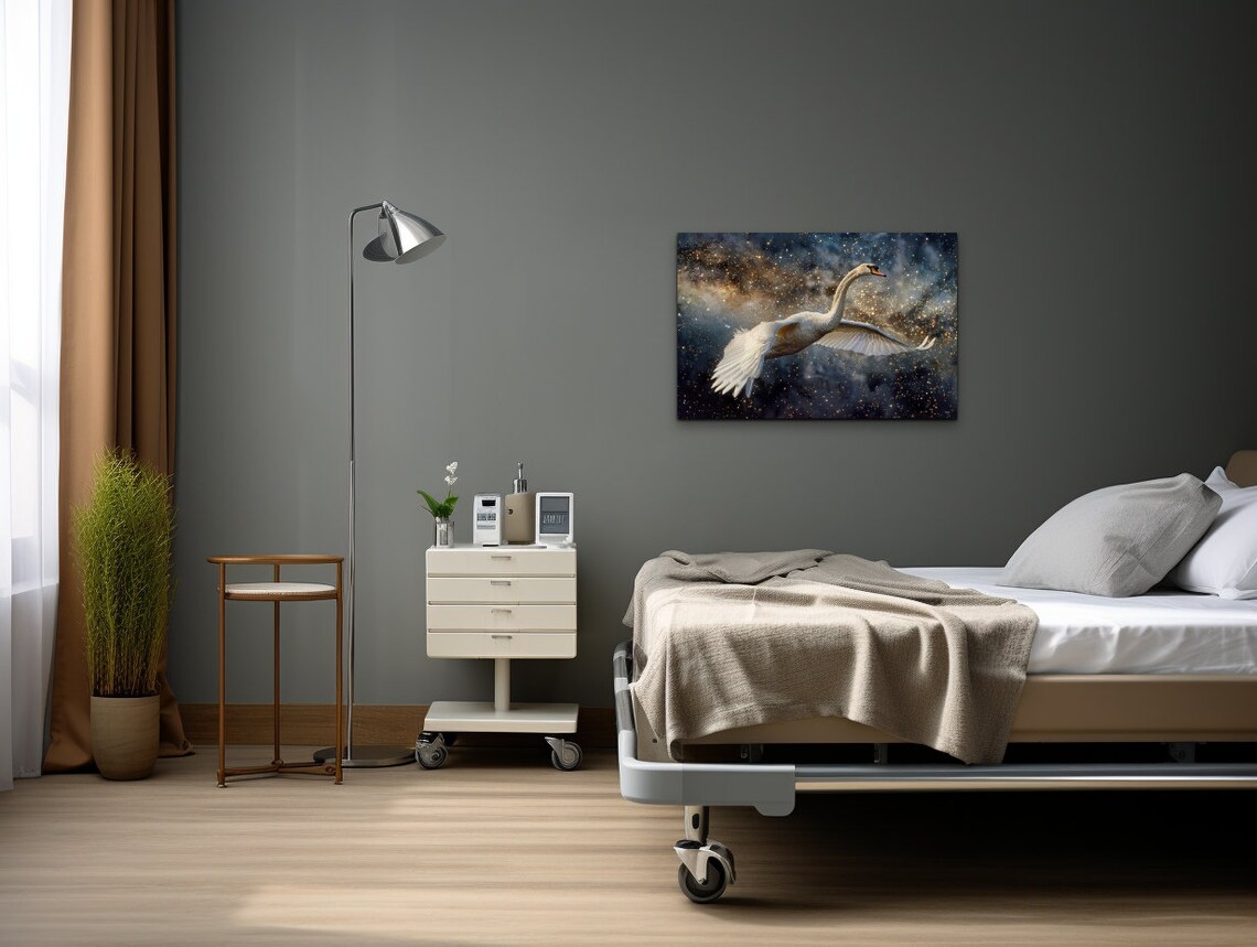 White Swan Flying Starry Night Sky Golden Stars Wildlife Wall Art - Image 7