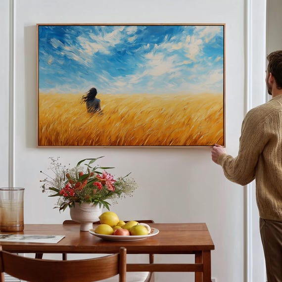 Serene Woman In Wheat Field Art Abstract Sky Landscape Golden Field Wall Decor Inspirational Nature Painting