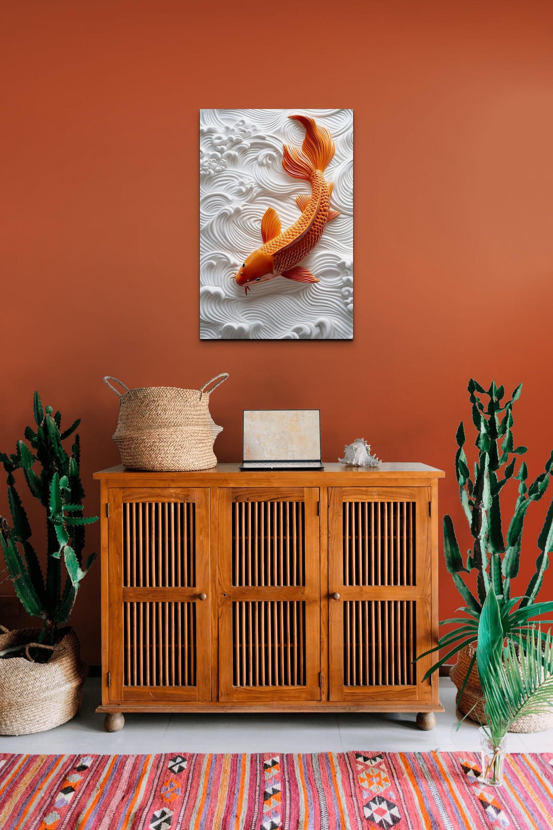 Orange Koi Fish Swimming White Wave Relief 3D Art Effect Poster - Image 5