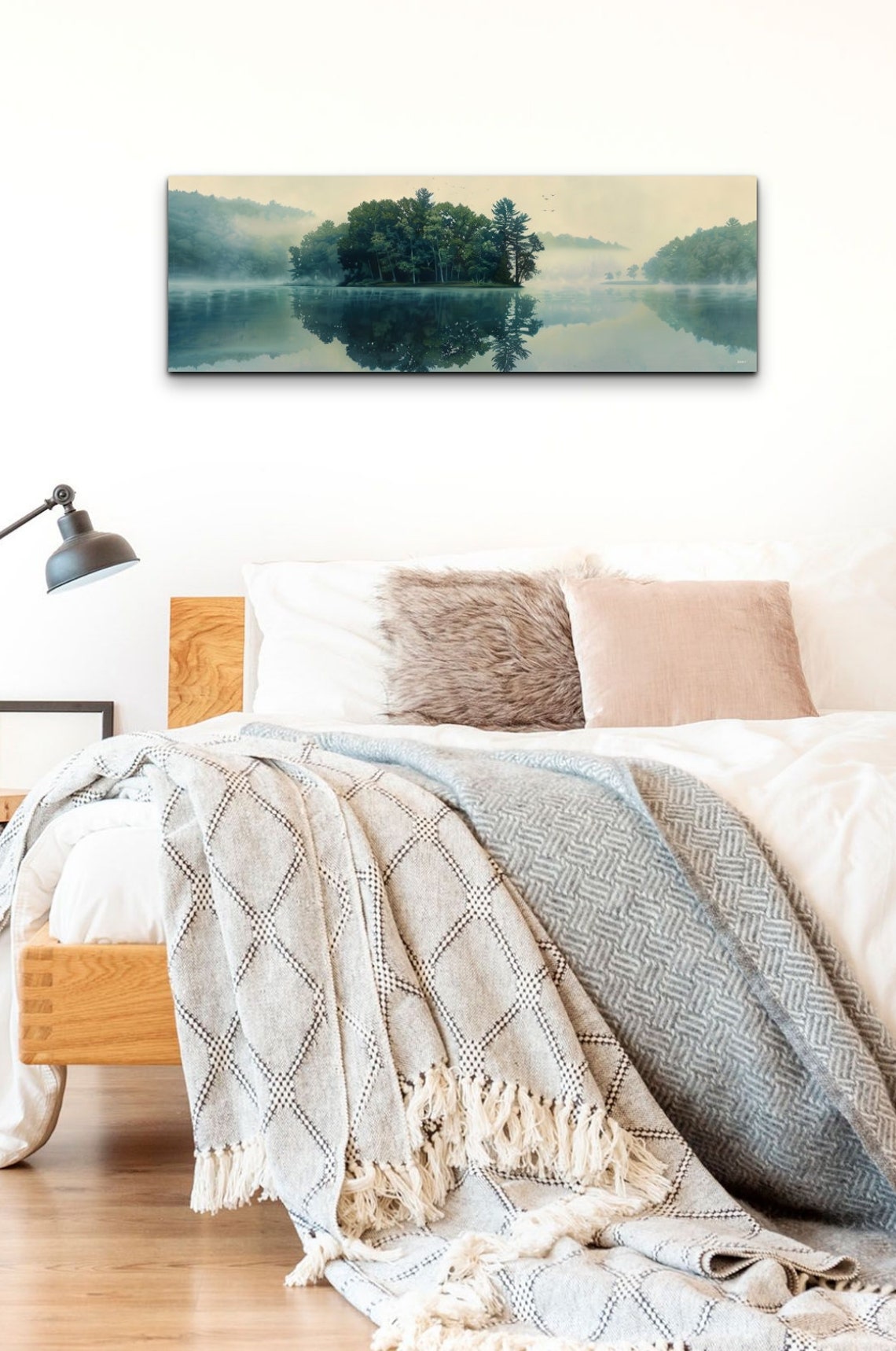 Foggy Lake With Green Island Mirror Reflection Nature Poster - Image 6