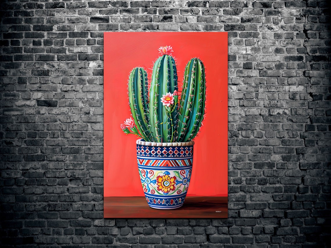 Flowering Cactus Patterned Pot Coral Background Southwest Wall Art - Image 2