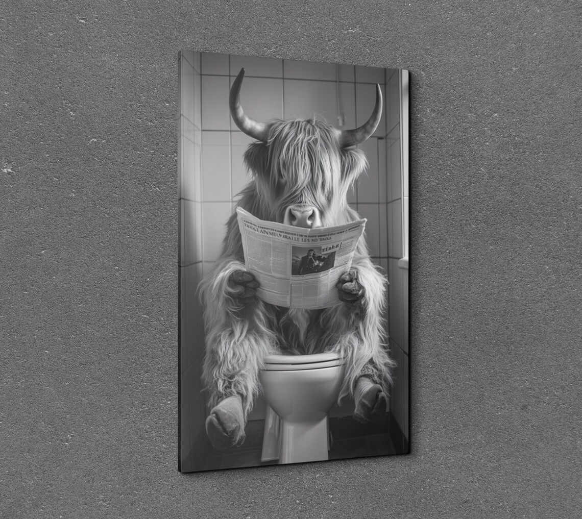 Funny Highland Cow On Toilet With Newspaper Bathroom Humor Poster - Image 7