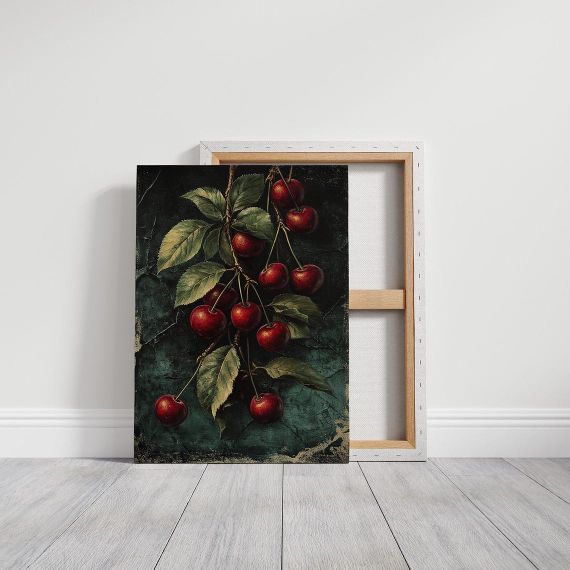Rustic Cherry Branch Vintage Botanical Dark Teal Kitchen Poster - Image 3
