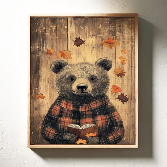 Autumn Bear in Red Plaid Reading a Book Among Fall Leaves Poster