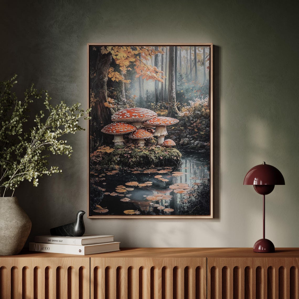 Red Toadstool Mushrooms by a Stream in an Autumn Forest Poster - Image 7
