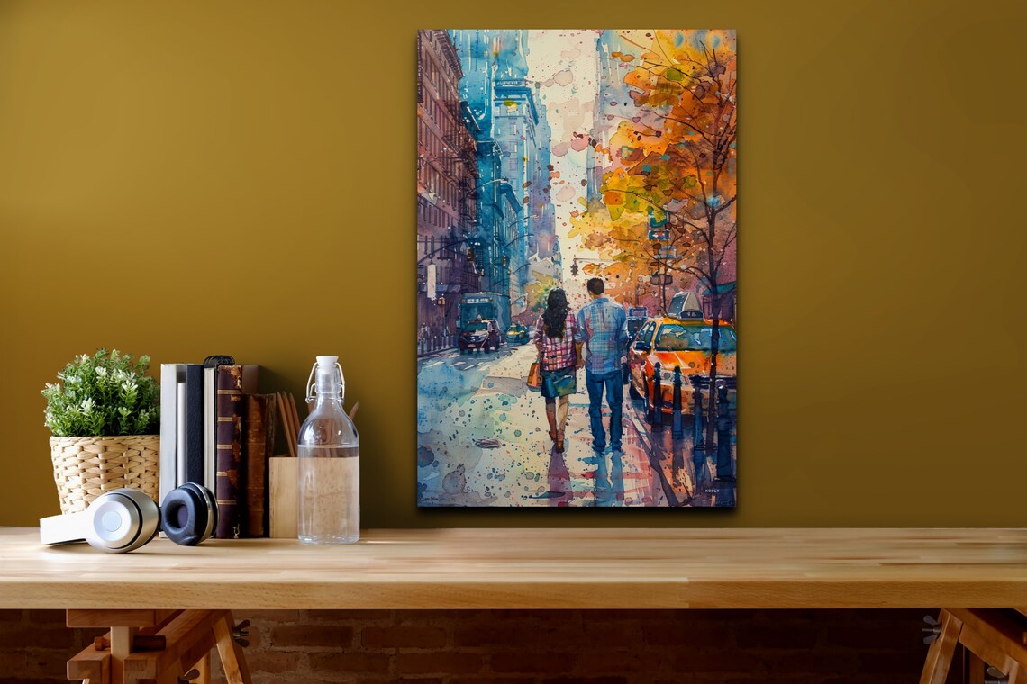 Autumn City Stroll Couple With Yellow Taxis Watercolor Wall Art - Image 6