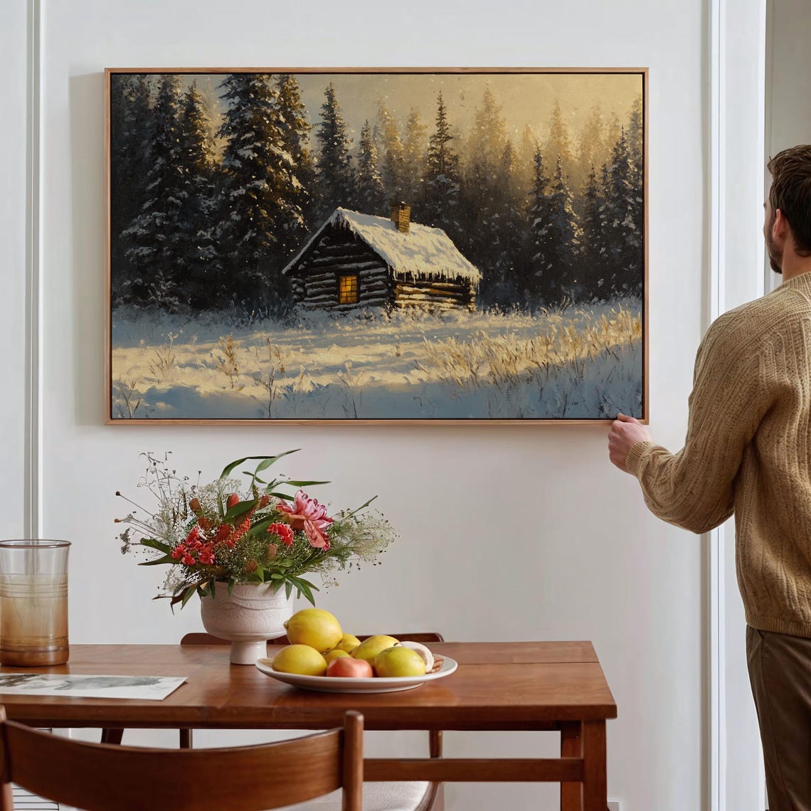 Cozy Cabin In Snow Art Winter Forest Scene Print Rustic Lodge Wall Decor For Cabin Lovers