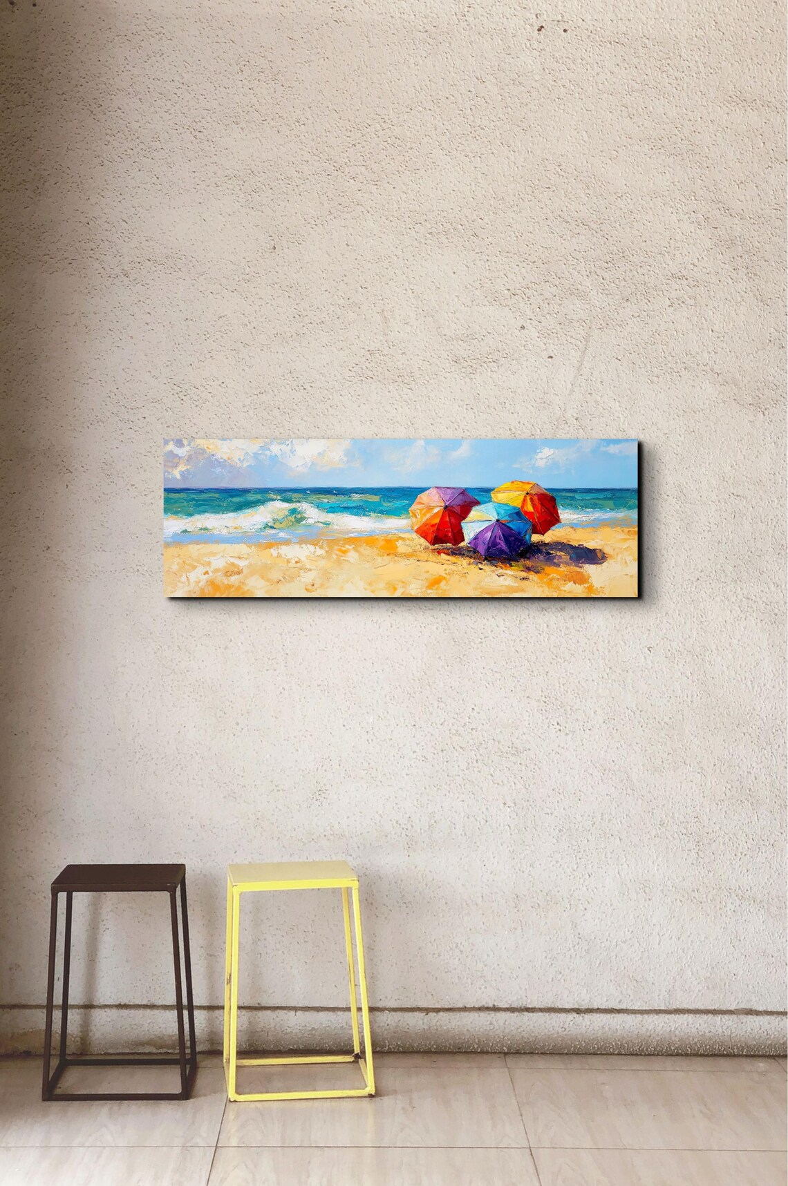 Beach Parasols Oil Painting, Panoramic Beach Scene - Image 3