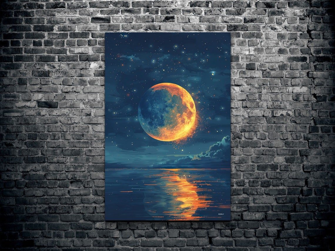 Blood Orange Full Moon Rising Ocean Reflection Starry Night Poster - Image 2