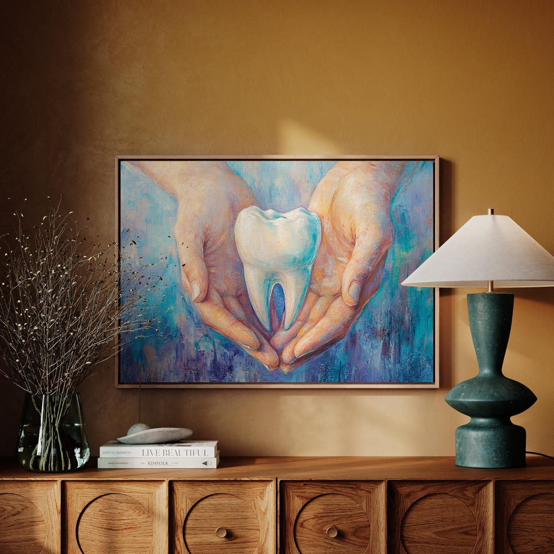 Cupped Hands With White Tooth Dental Office Warm Artwork Poster