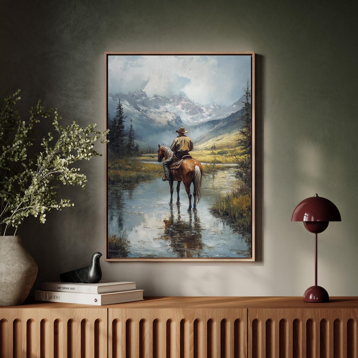 Cowboy Mountain Print Western Horseback Rider Wall Art Rustic Country Decor Wild West Landscape Painting Ranch Home Poster