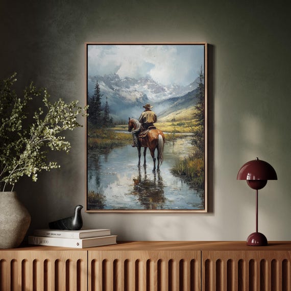 Cowboy Mountain Print Western Horseback Rider Wall Art Rustic Country Decor Wild West Landscape Painting Ranch Home Poster