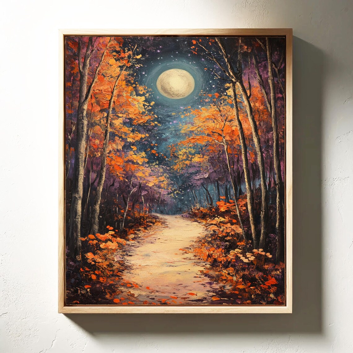 Autumn Forest Path With Full Moon, Rustic Nature Art - Image 7