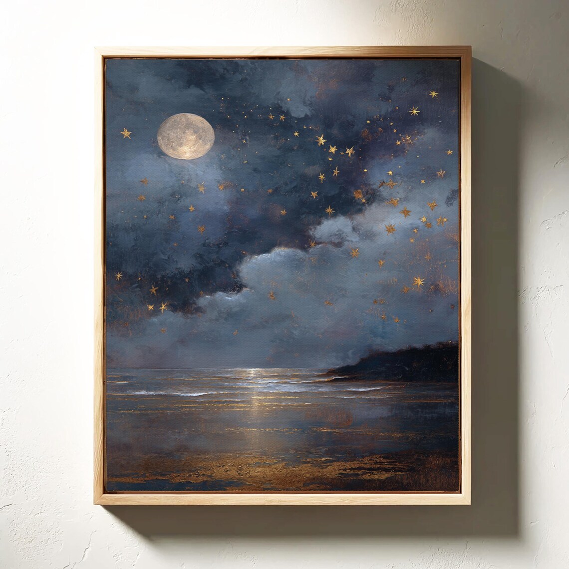 Moonlit Ocean Night Sky Golden Stars Seascape Painting Poster