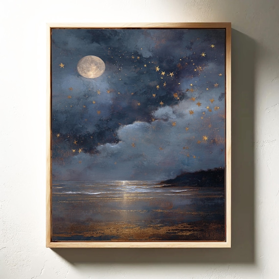 Moonlit Ocean Night Sky Golden Stars Seascape Painting Poster
