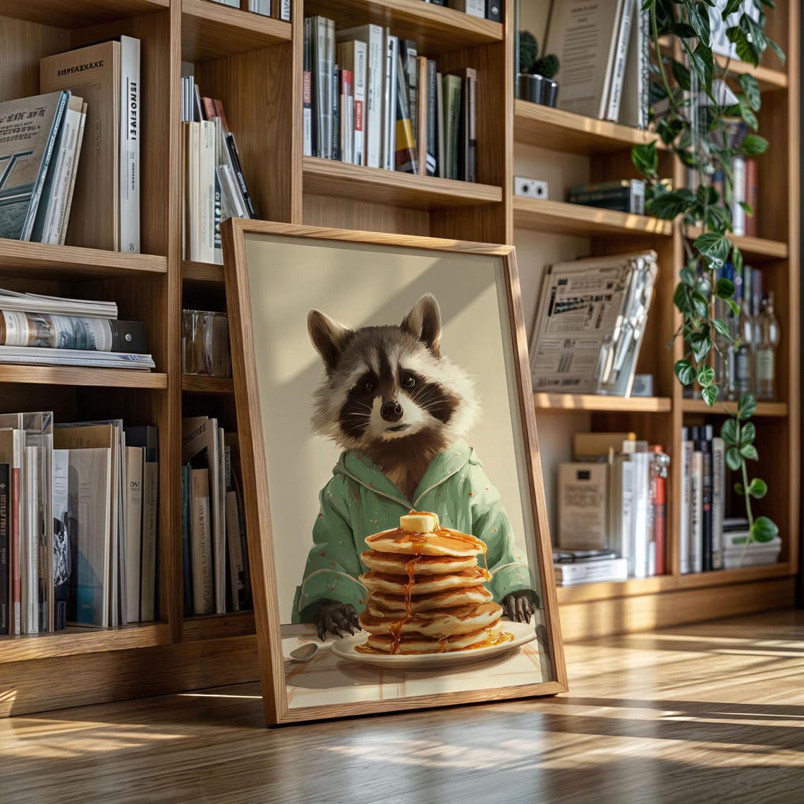 Raccoon With Pancakes And Syrup Illustration