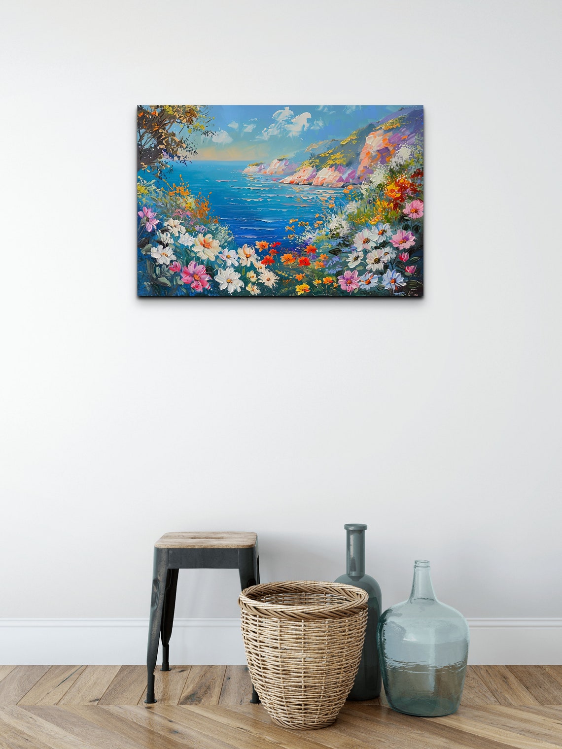 Wildflowers Above Blue Ocean Coastal Impressionist Art Poster - Image 4