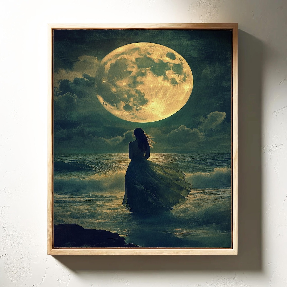 Full Moon Ocean Woman in Flowing Dress Art Print