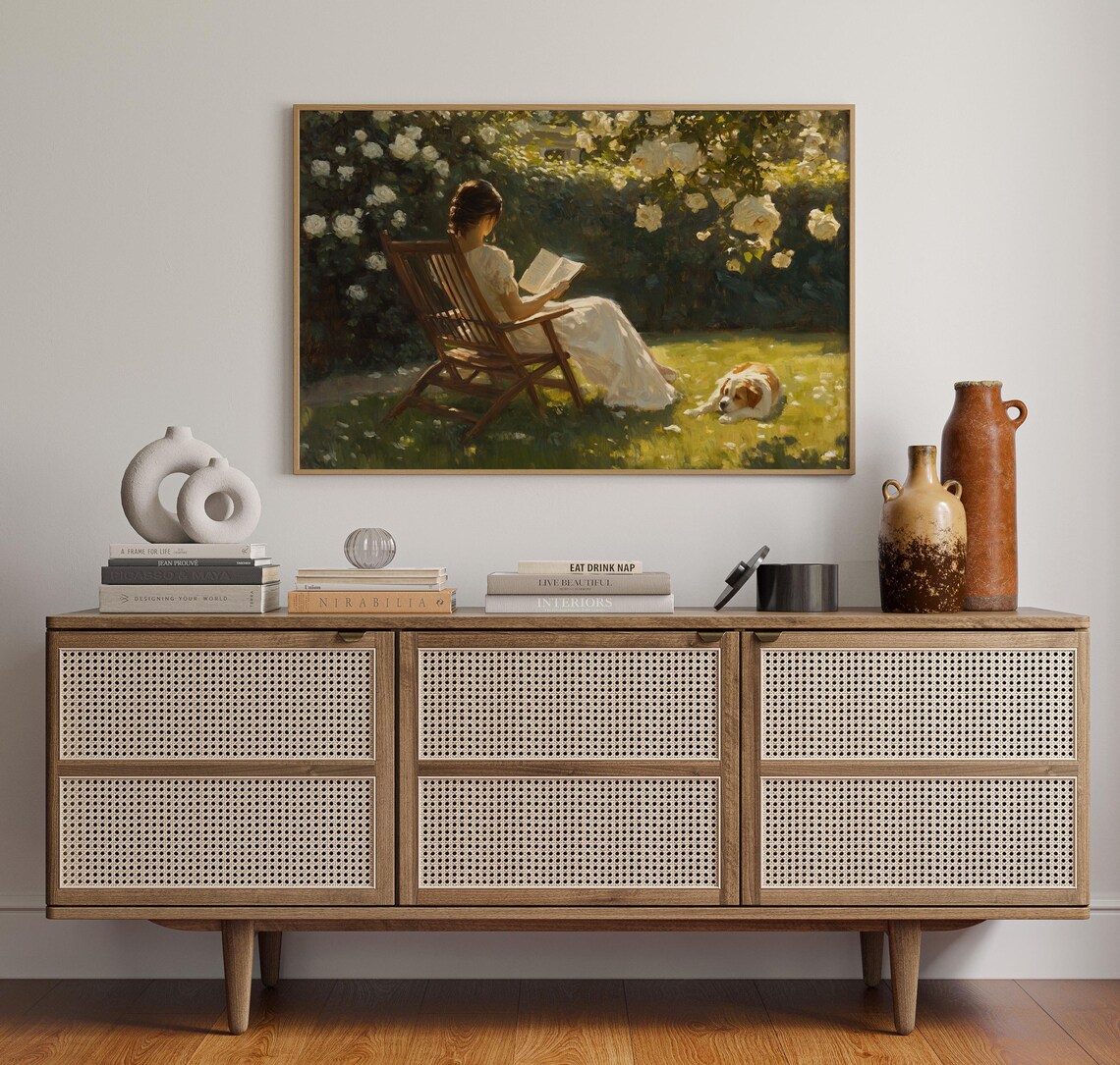 Woman Reading In A Sunny Rose Garden With Dog Painting Poster - Image 5