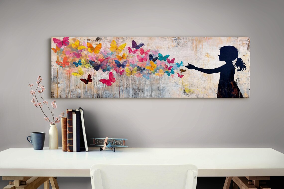 Girl Silhouette Releasing Colorful Butterflies Whimsical Art Poster - Image 4