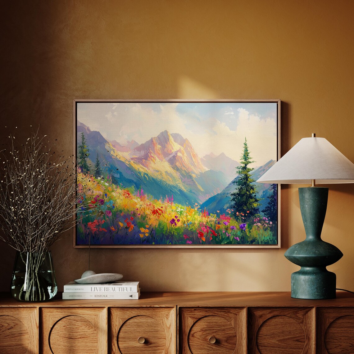 Vibrant Wildflower Meadow Art Print, Alpine Landscape - Image 3