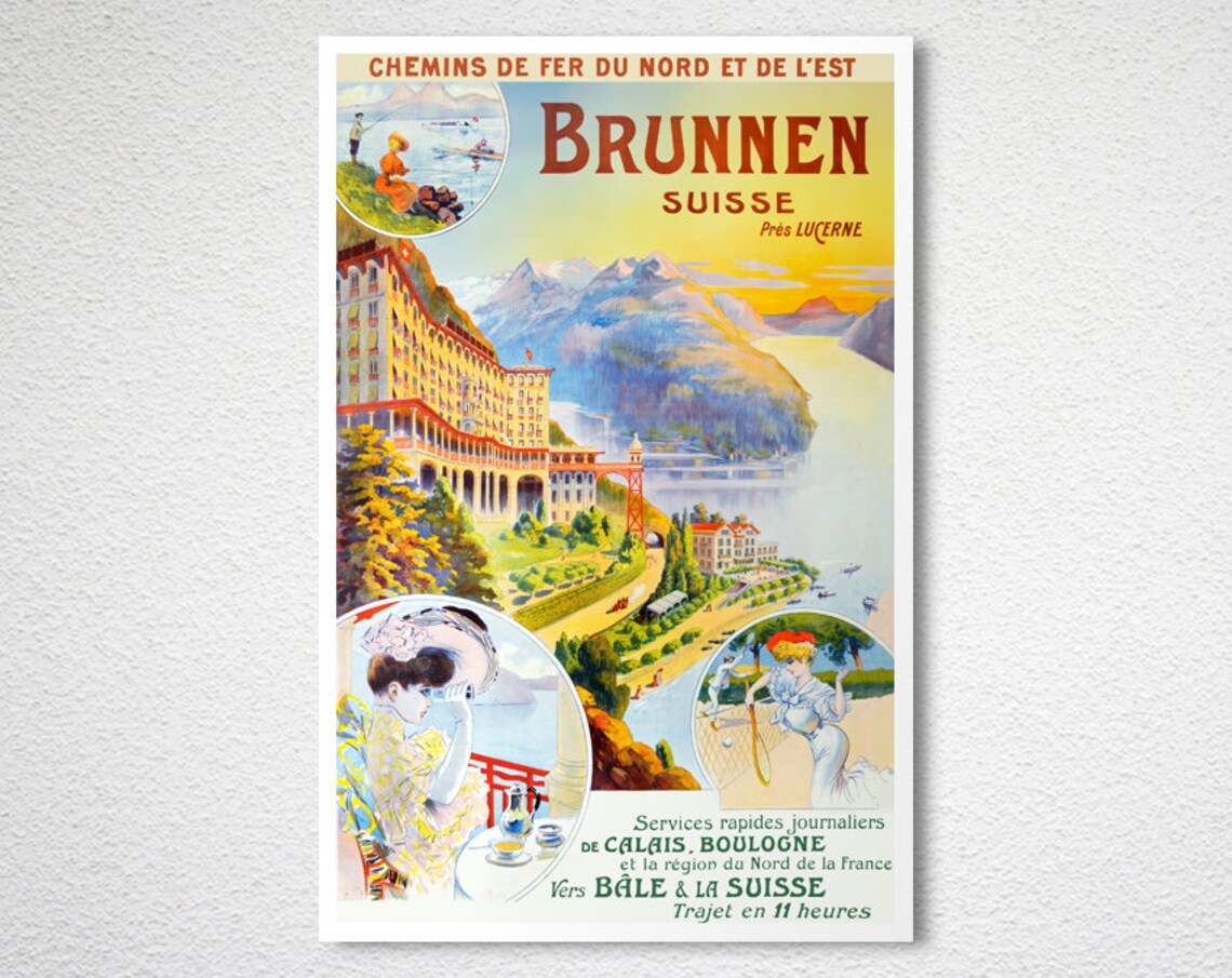 Brunnen Suisse Lake Lucerne Grand Hotel French Railways Travel Poster - Image 2
