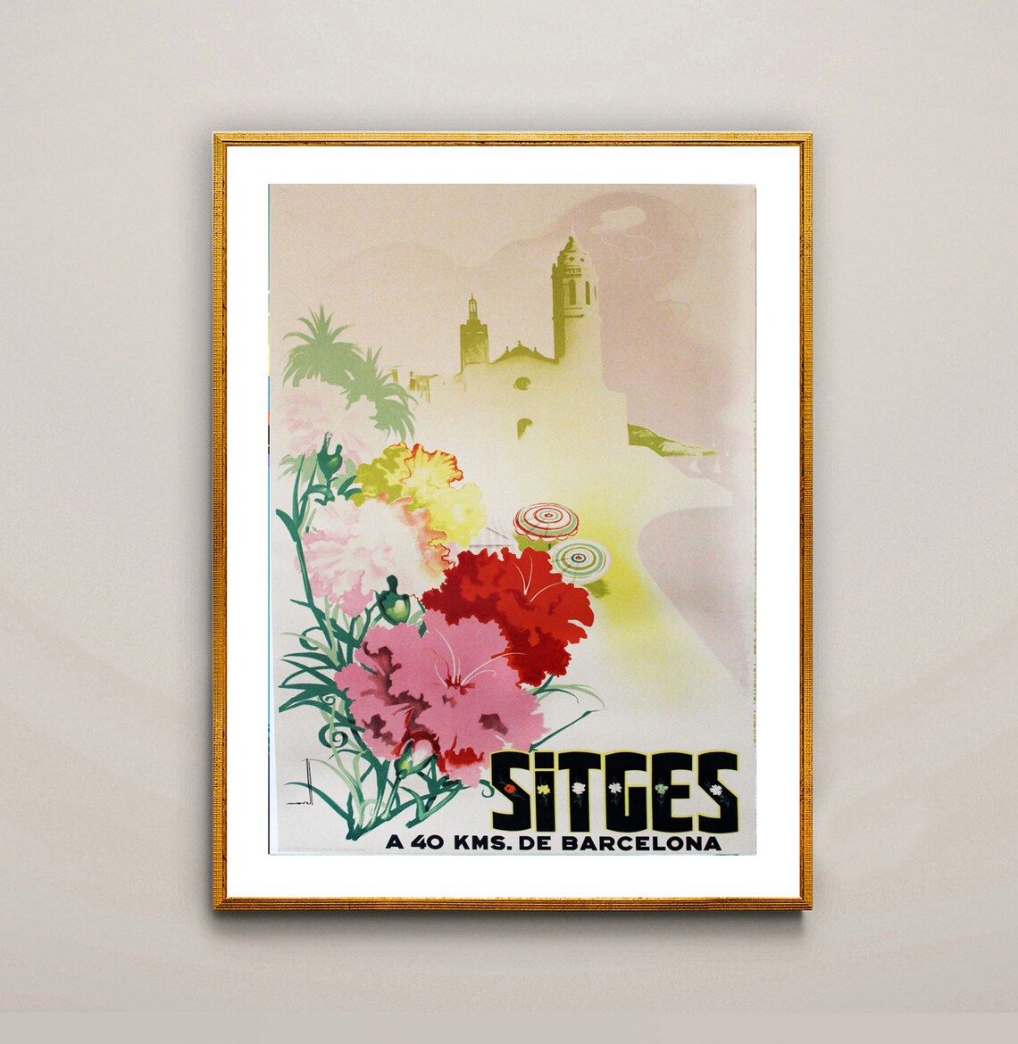 Sitges Barcelona Spain Vintage Floral Coast Church Travel Poster - Image 2