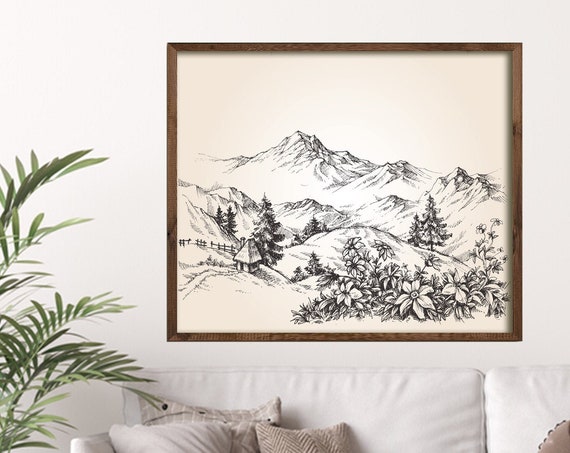 Black And White Beautiful Mountain And Village Home Decor Farmhouse Home Decor Country Style Home Art