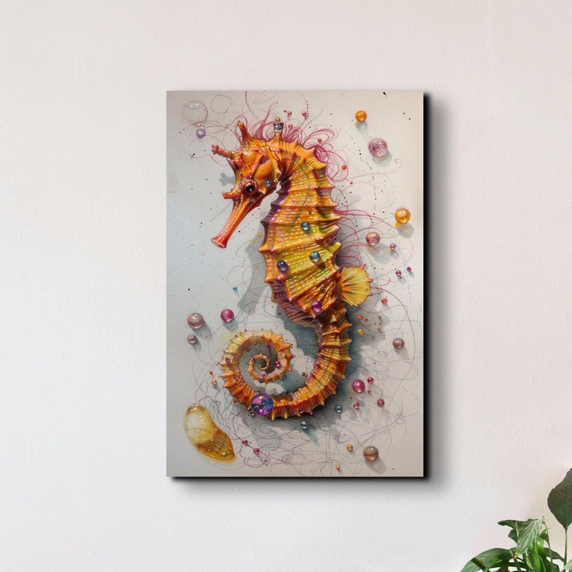 Golden Orange Seahorse Bubbles Watercolor Marine Life Art Poster