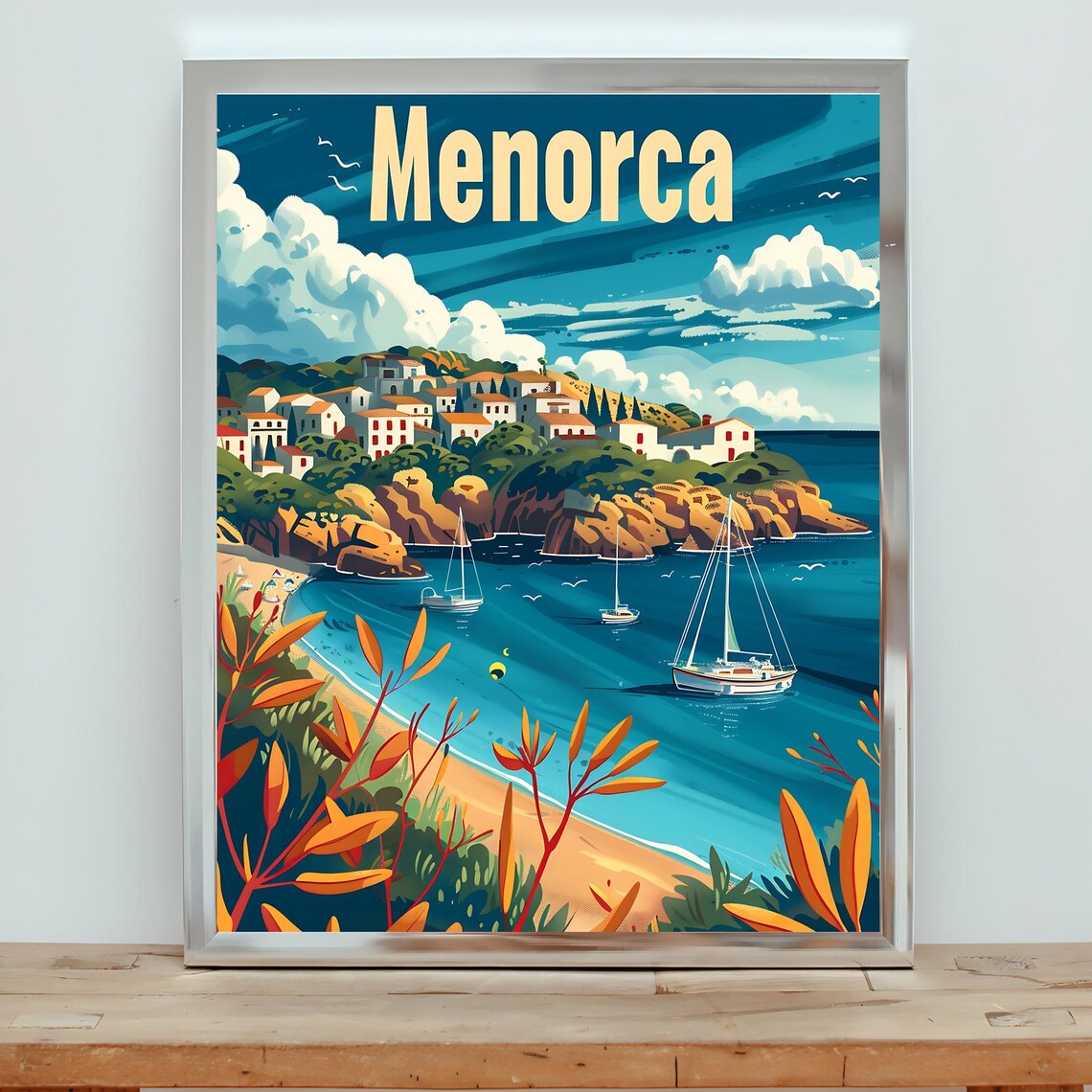 Menorca Spain Coastal Village Sailboats Cove Vintage Travel Poster