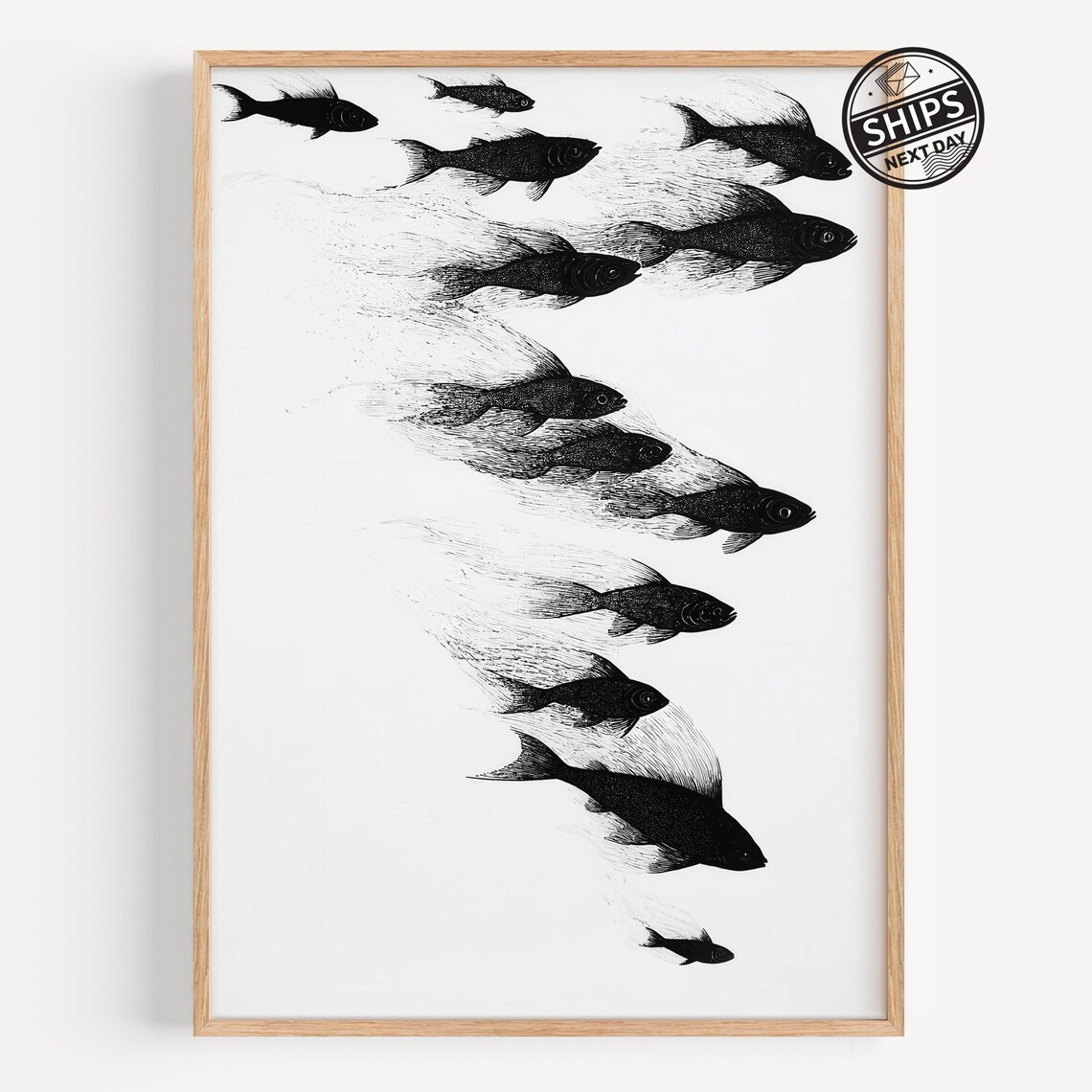 School of Black Fish Monochrome Minimalist Ocean Life Poster