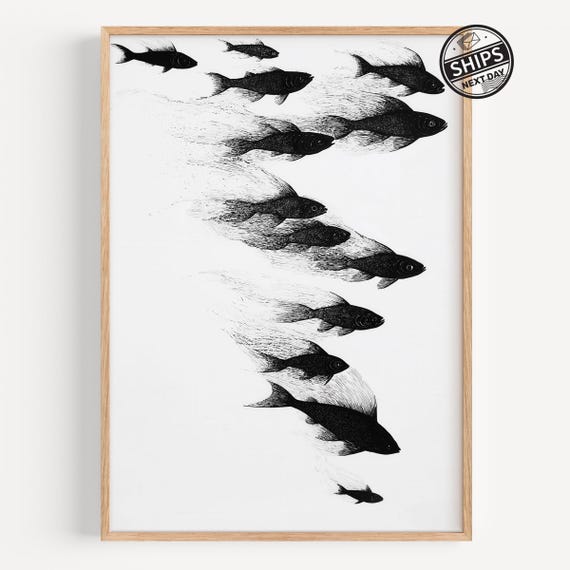 Black And White Fish Wall Art Print Minimalist School Of Illustration Modern Oceaninspired Artwork For Home Or Office