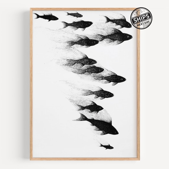 School of Black Fish Monochrome Minimalist Ocean Life Poster