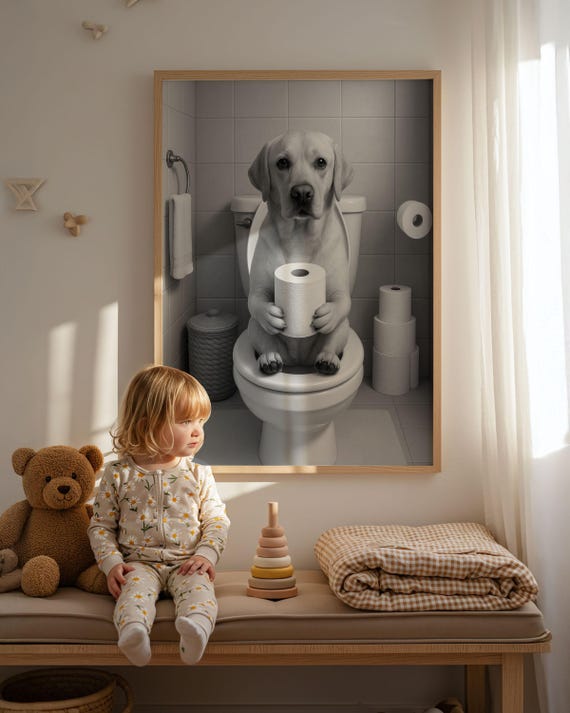 Funny Labrador Bathroom Wall Art Holding Toilet Paper Modern Dog Print Gift For Pet Lovers Black And White Photo Guest Decor
